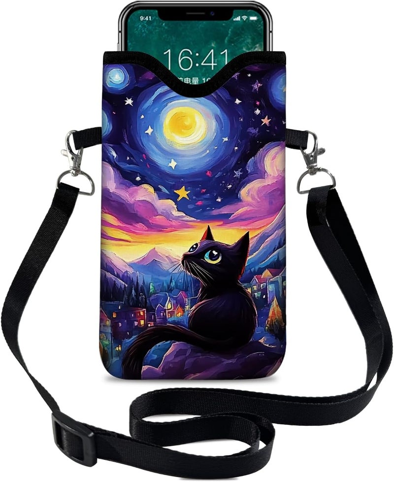 otilil Neoprene Cell Phone Sleeve Pouch Case Bag with Crossbody Strap Neck Lanyard for Women 7.1 X 3.9 in Sky Cat - Image 1